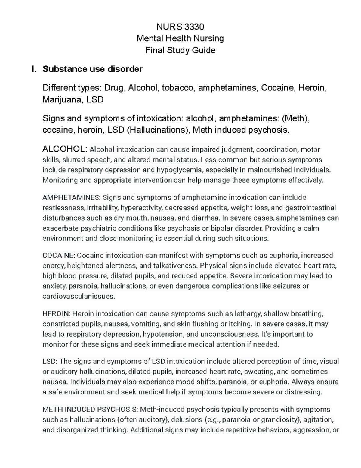 NURS 3330 Mental Health Nursing Final Study Guide - Studocu