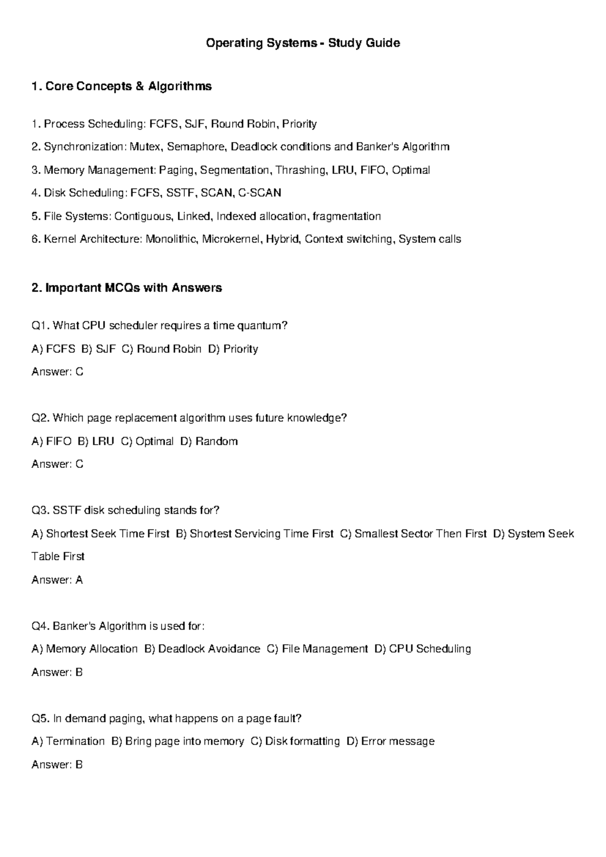 OS Study Guide: Core Concepts & MCQs for Exam Prep - Studocu