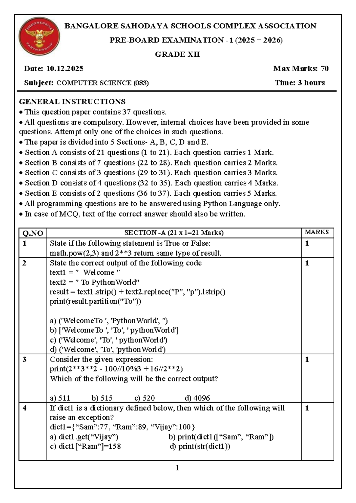 G12 COMPUTER SCIENCE (083) EXAMINATION QUESTION PAPER 2025-2026 - Studocu