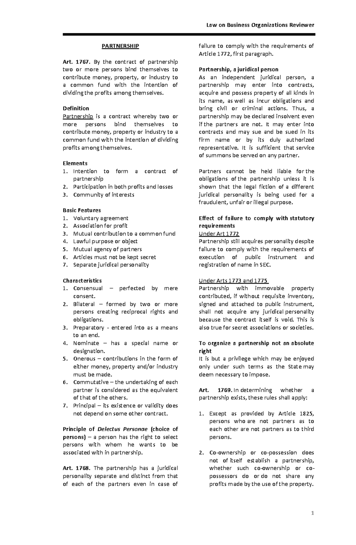 Partnership Law Review: Key Concepts and Articles (Law 101) - Studocu