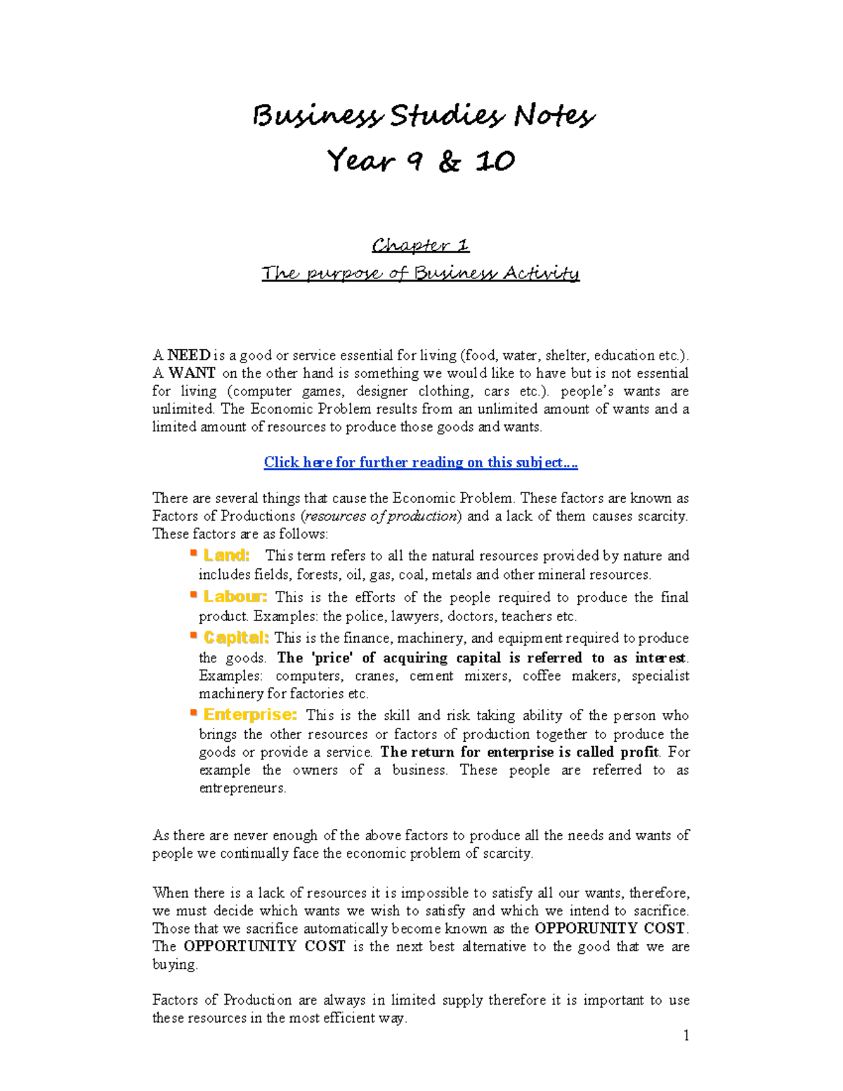 Business Studies Notes Year 9-10: Chapter 1 - Purpose of Business ...