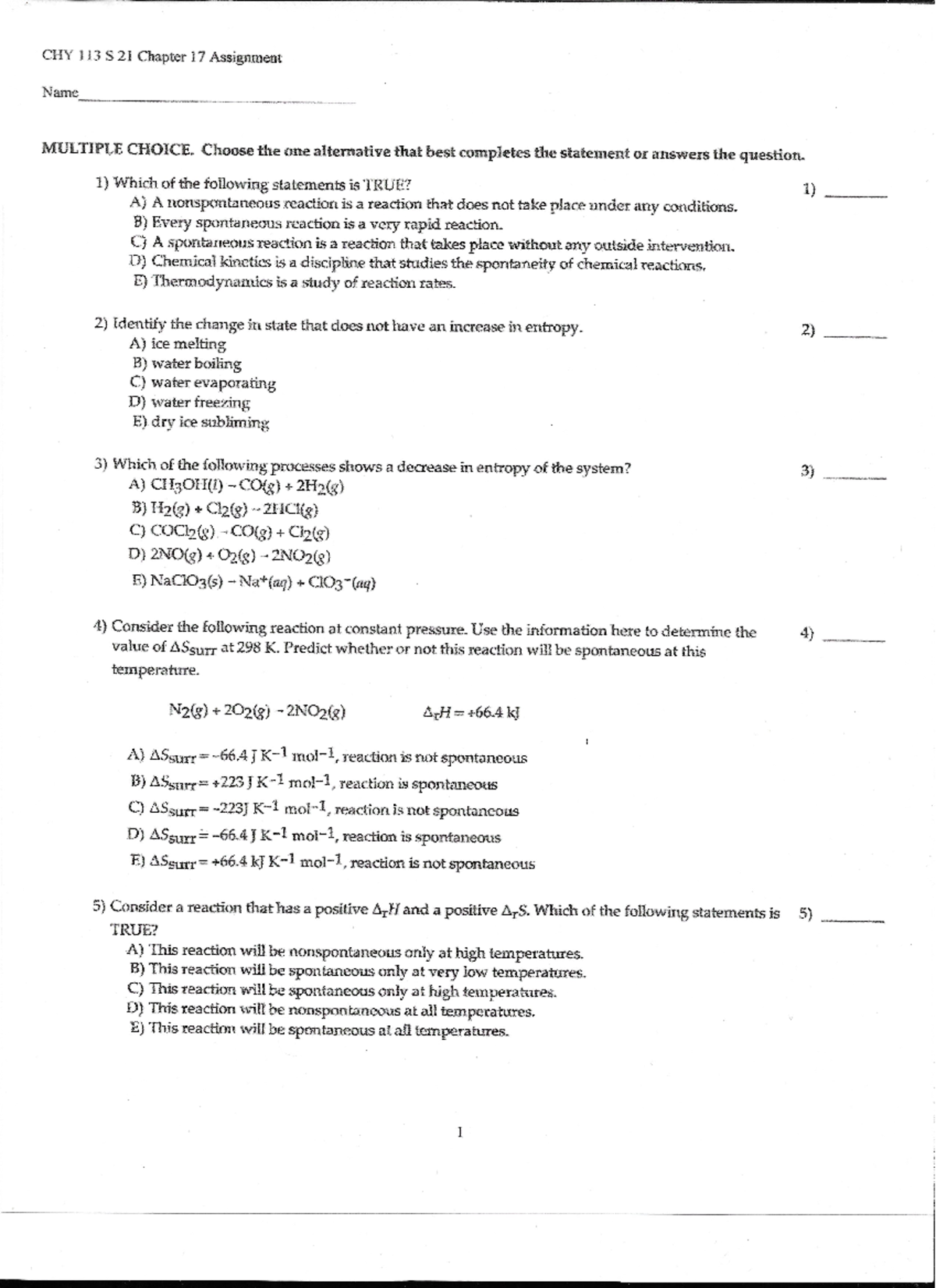 CHY 113 Chapter 17 Assignment Solutions and Explanations - Studocu