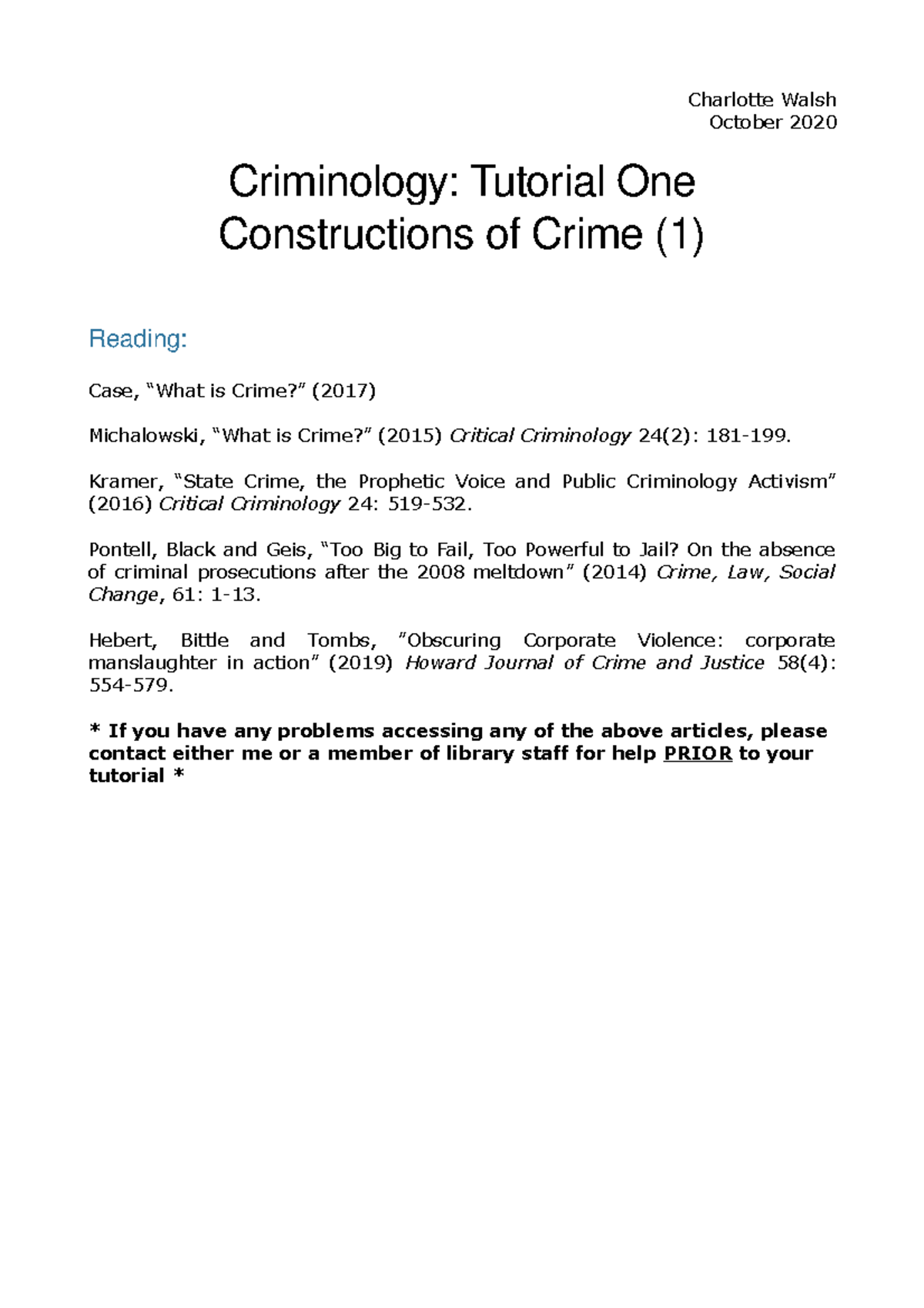 Criminology 101: Constructions of Crime - Tutorial One Summary - Studocu