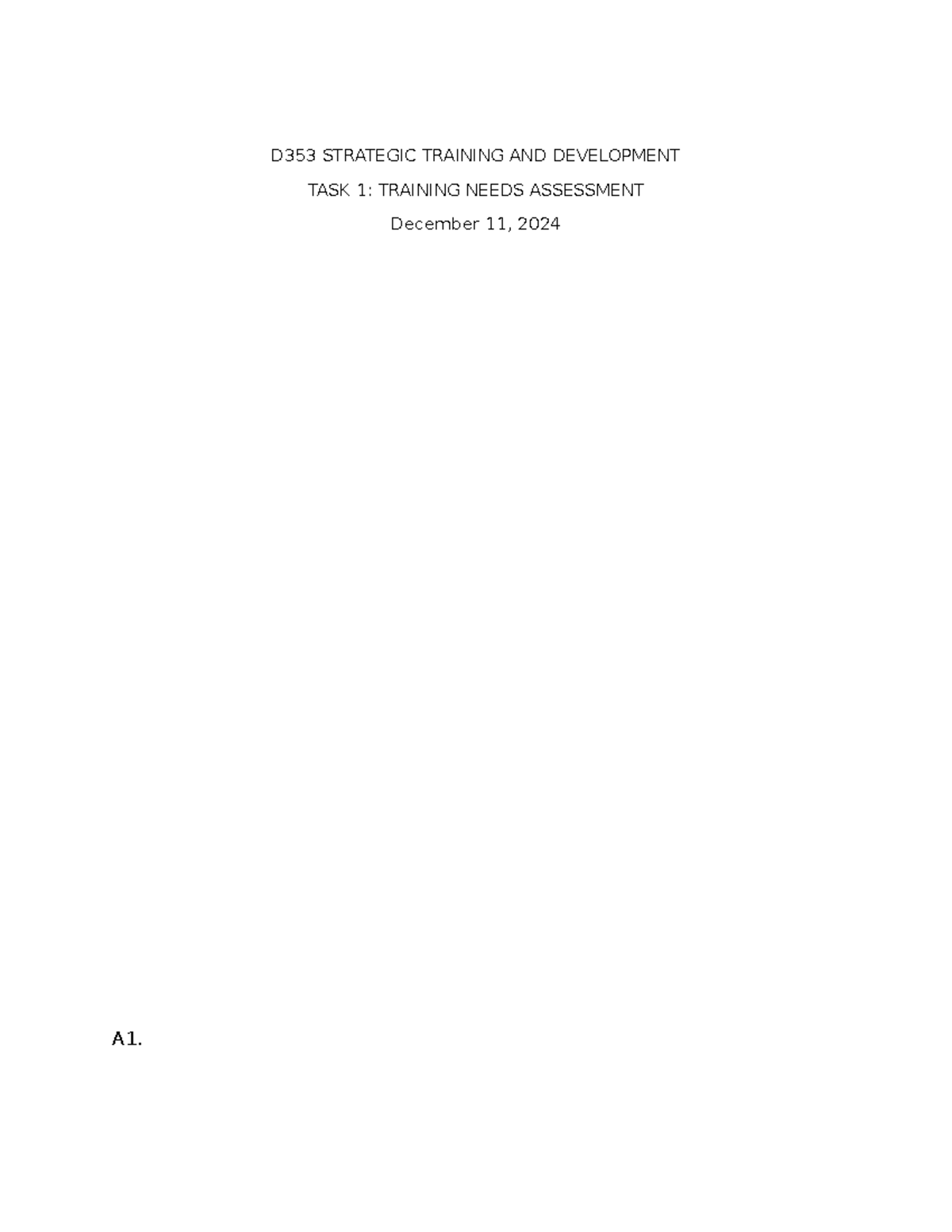 D353 Strategic Training AND Development -TASK 1 - D353 STRATEGIC ...