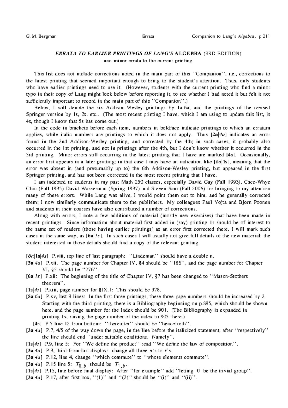 Errata List for Lang's Algebra 3rd Ed. (Math 250) - Studocu