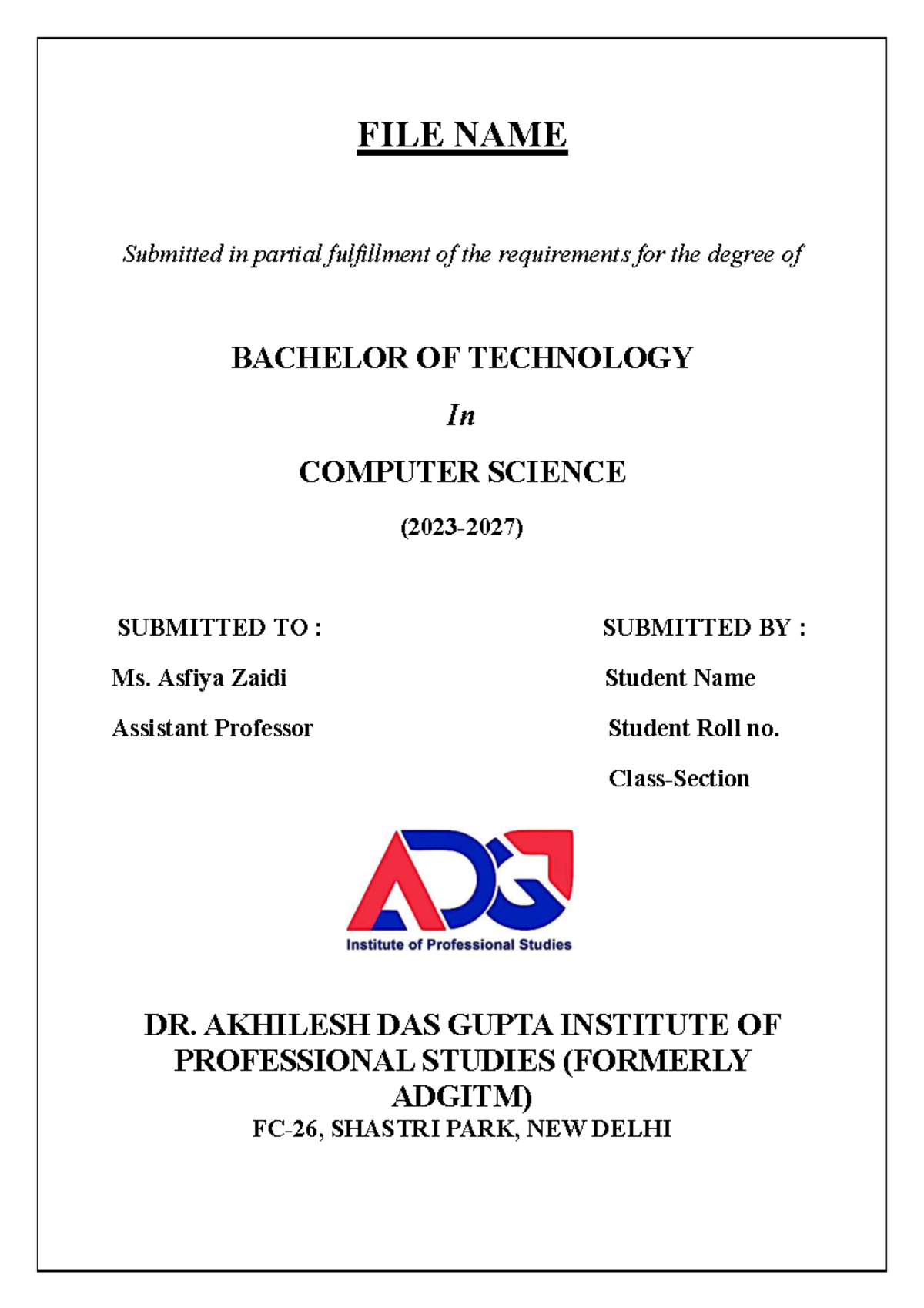 Cover PAGE for file - Sfgg - B tech - FILE NAME Submitted in partial ...
