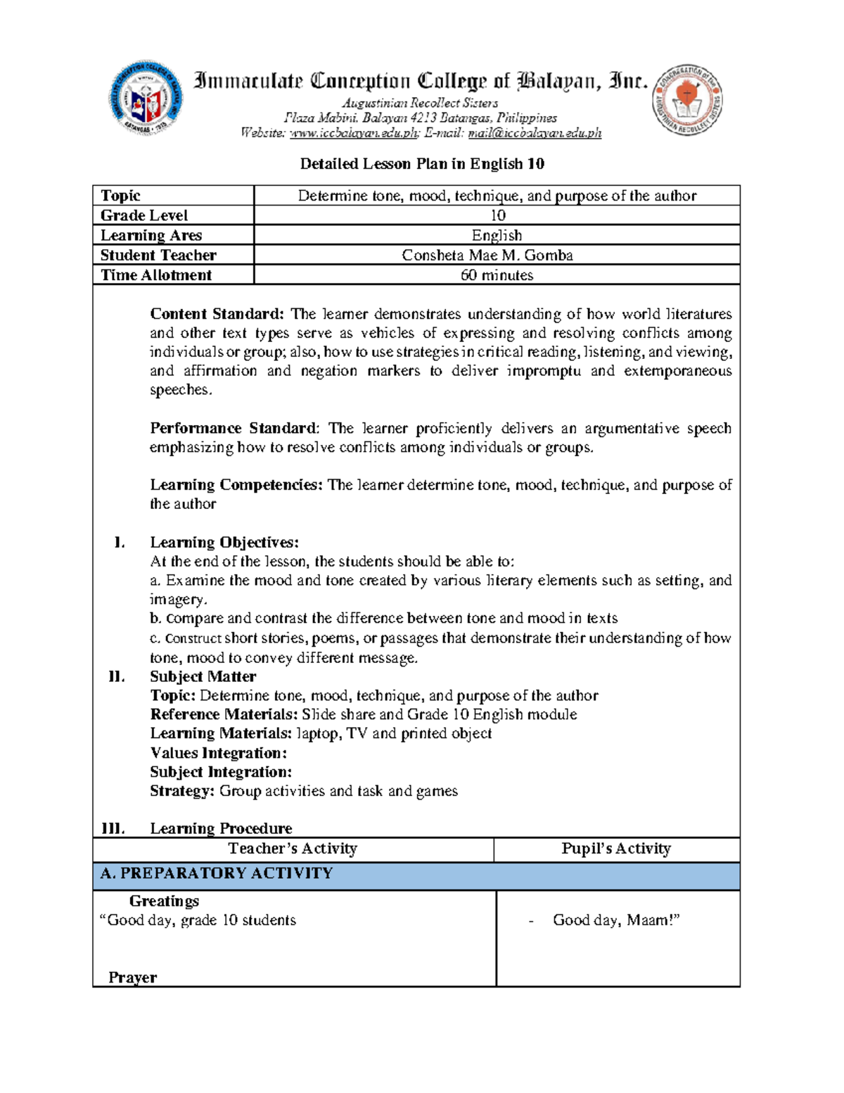 CG10 Detailed Lesson Plan: Analyzing Tone, Mood, and Author Purpose ...