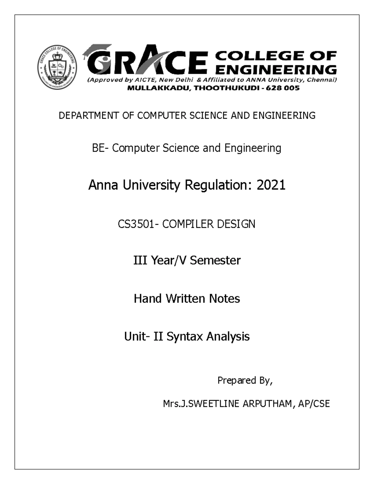 V CSE CS3501 CD UNIT 1 - Lecture Notes of Compiler Design Unit 1 ...