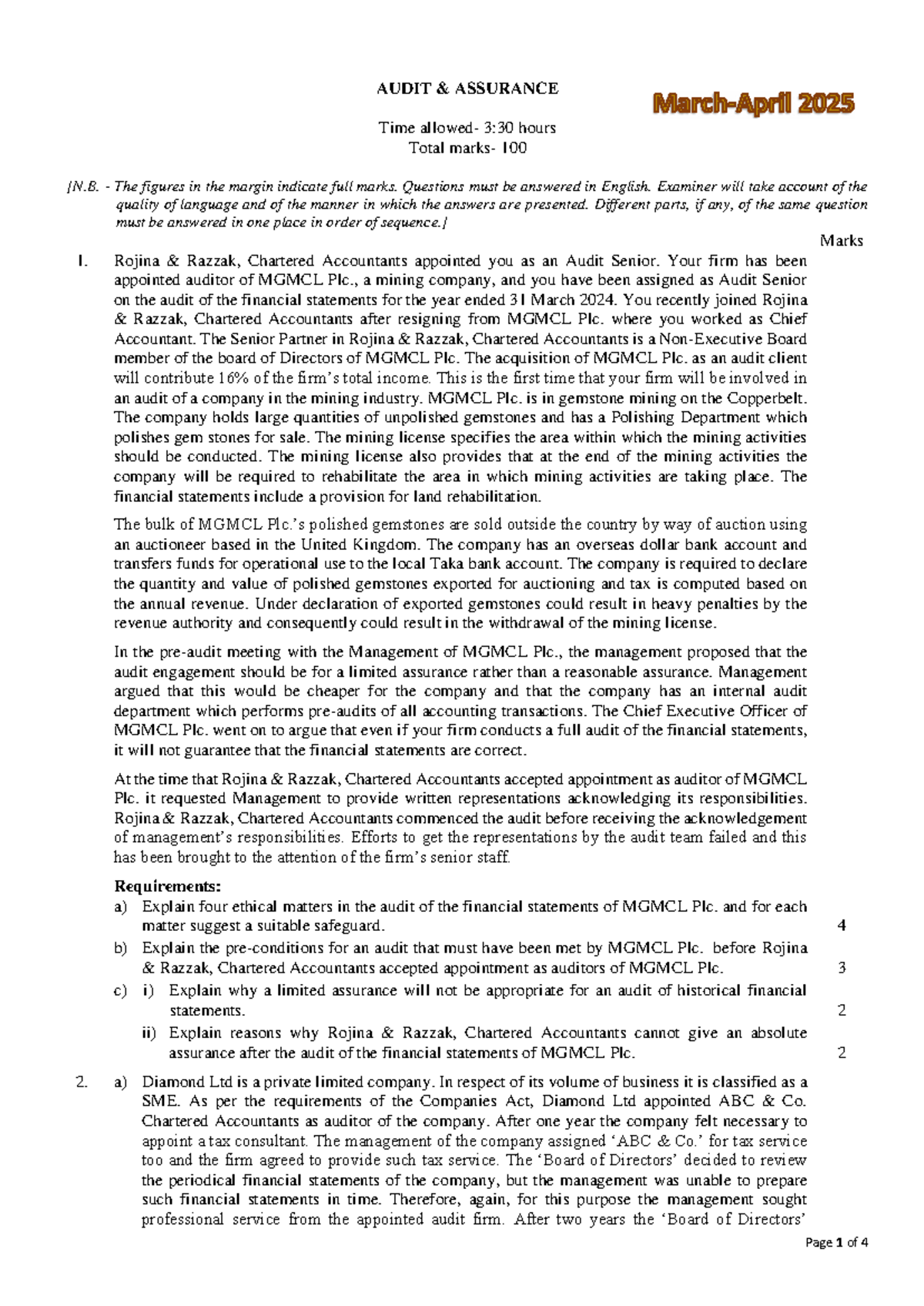 Audit & Assurance Exam Paper - March 2025 - Studocu