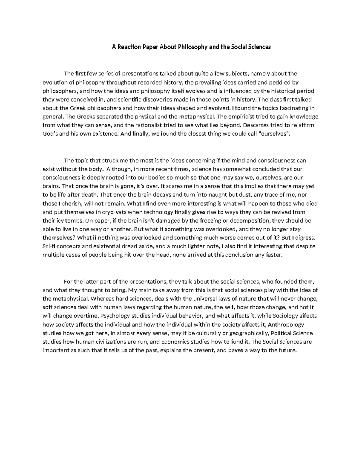 Philosophy & Social Sciences: A Reaction Paper Analysis - Studocu