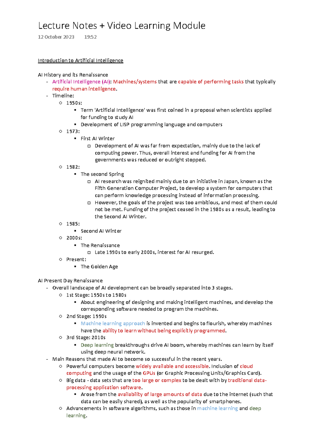Week 7 Lecture Notes: AI Development Stages & Key Concepts - Studocu