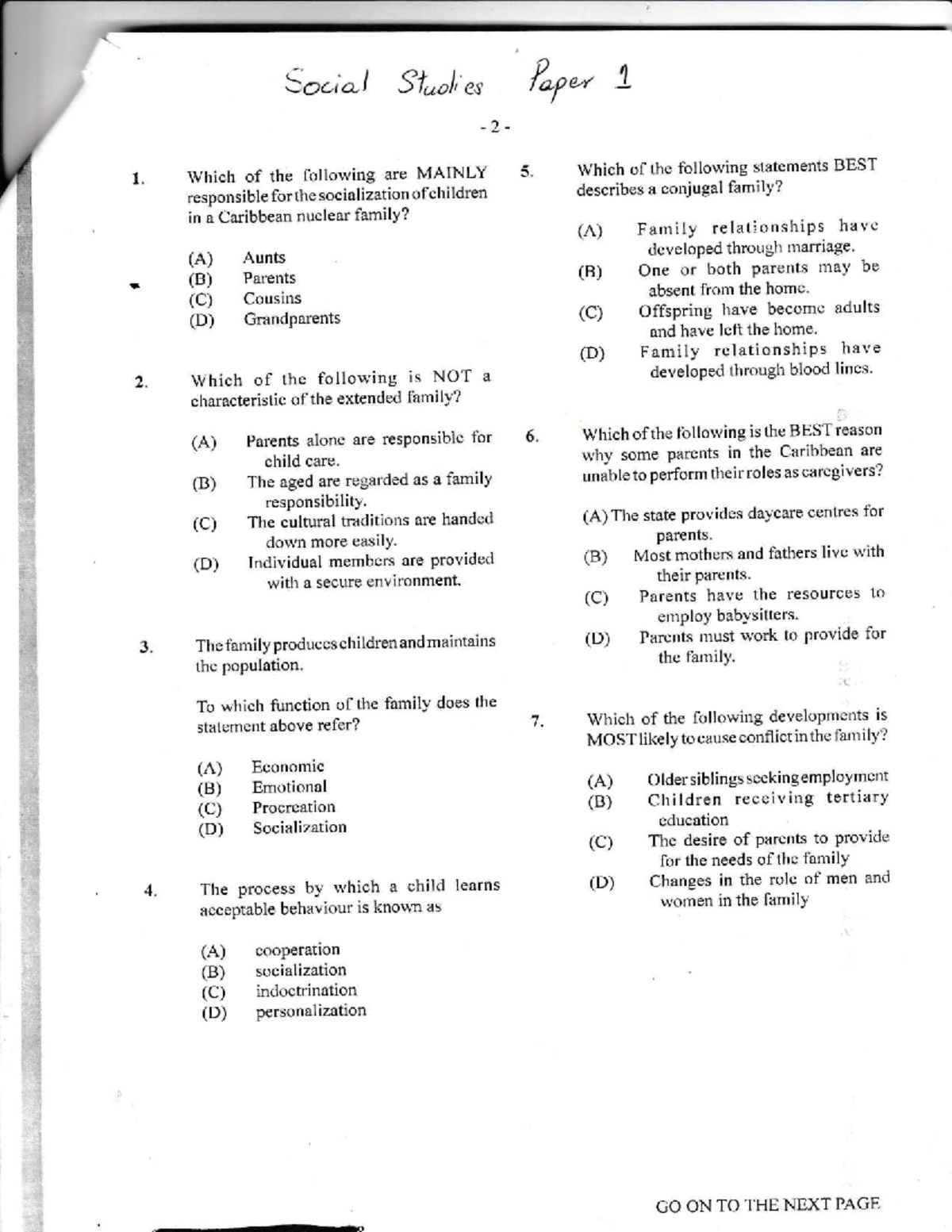 Sociology 2 MC 2018 - Caribbean Family Dynamics and Socialization Exam ...