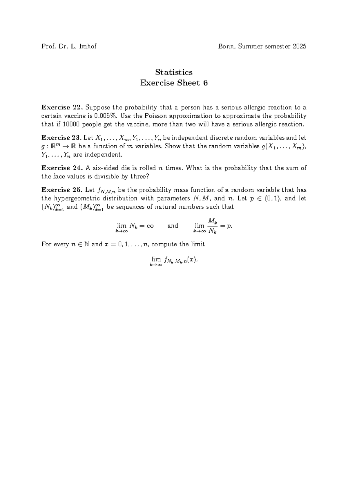 Statistics Exercise Sheet 6 - Prof. Dr. L. Imhof Bonn, Summer 2025 ...