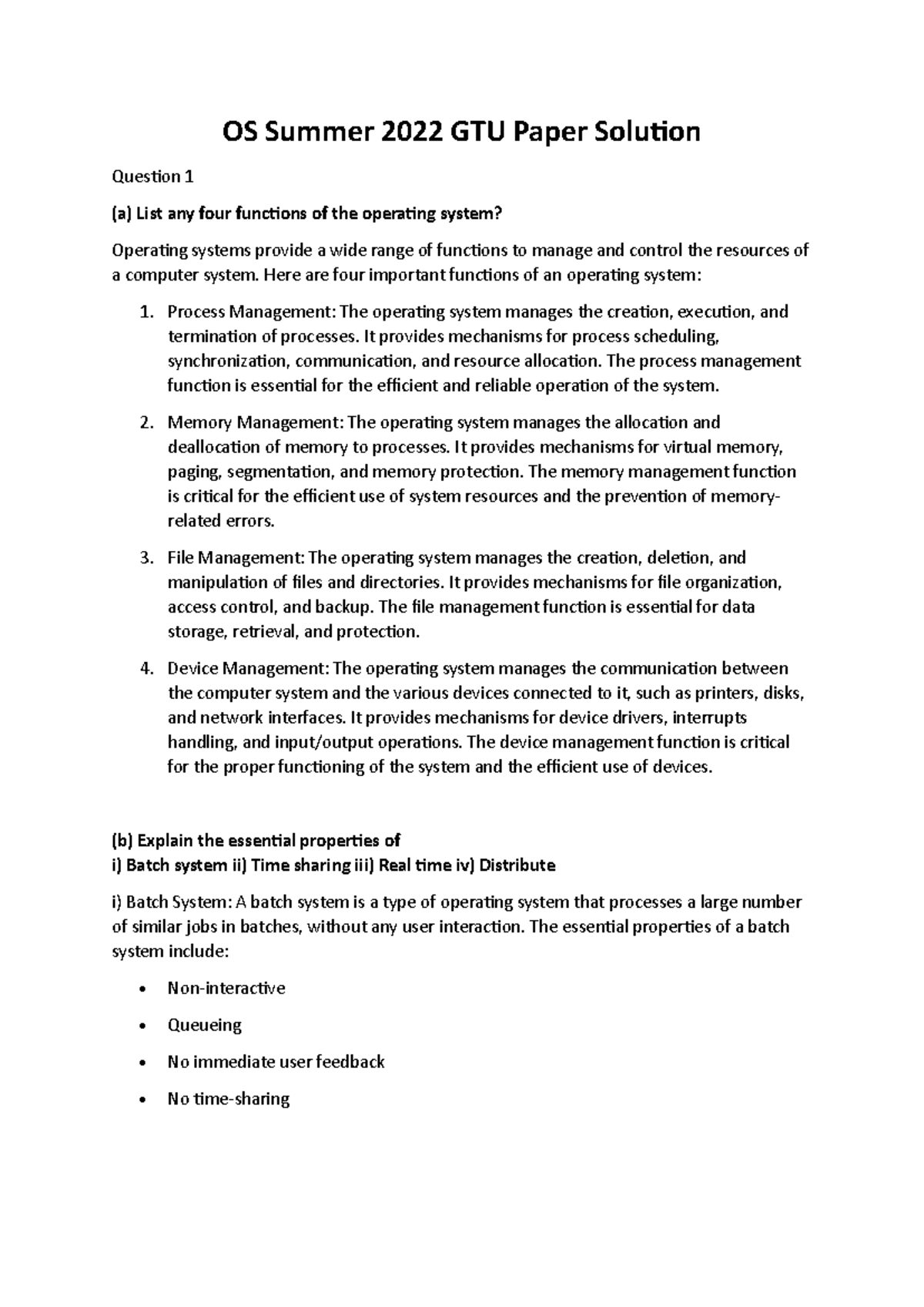 OS 2022S Paper Solution: Functions of Operating Systems and Key ...