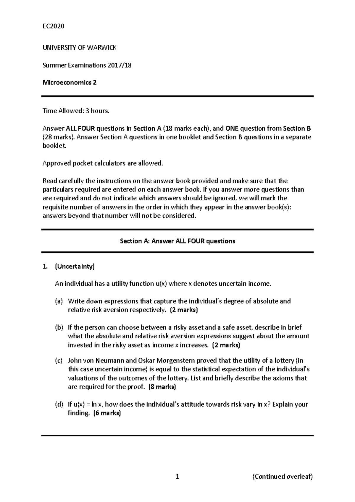 Ec202 - Microeconomics 2 Summer Exam Practice Questions - Studocu