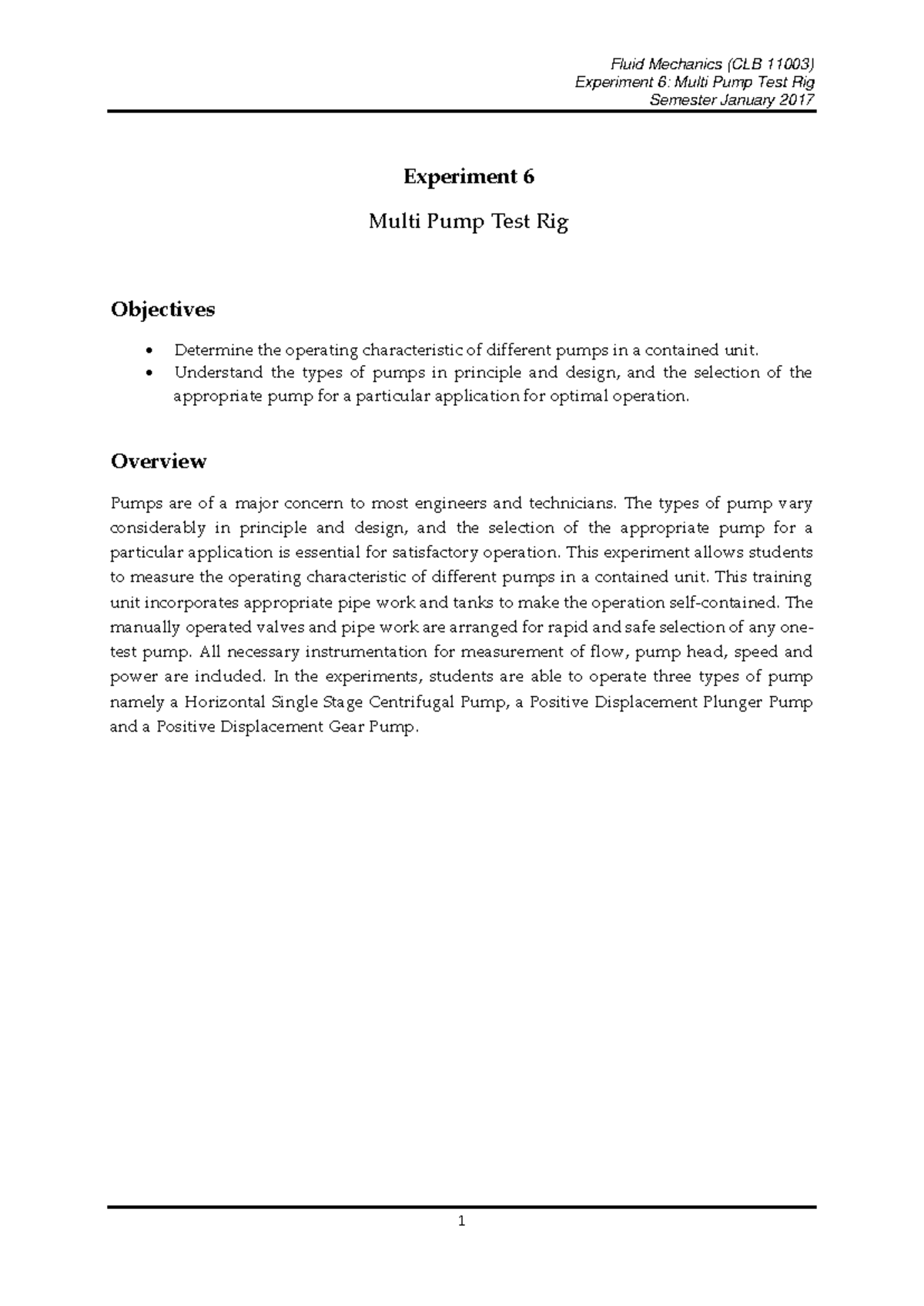 CLB11003 Experiment 6: Characterization of Multi Pump Test Rig - Studocu