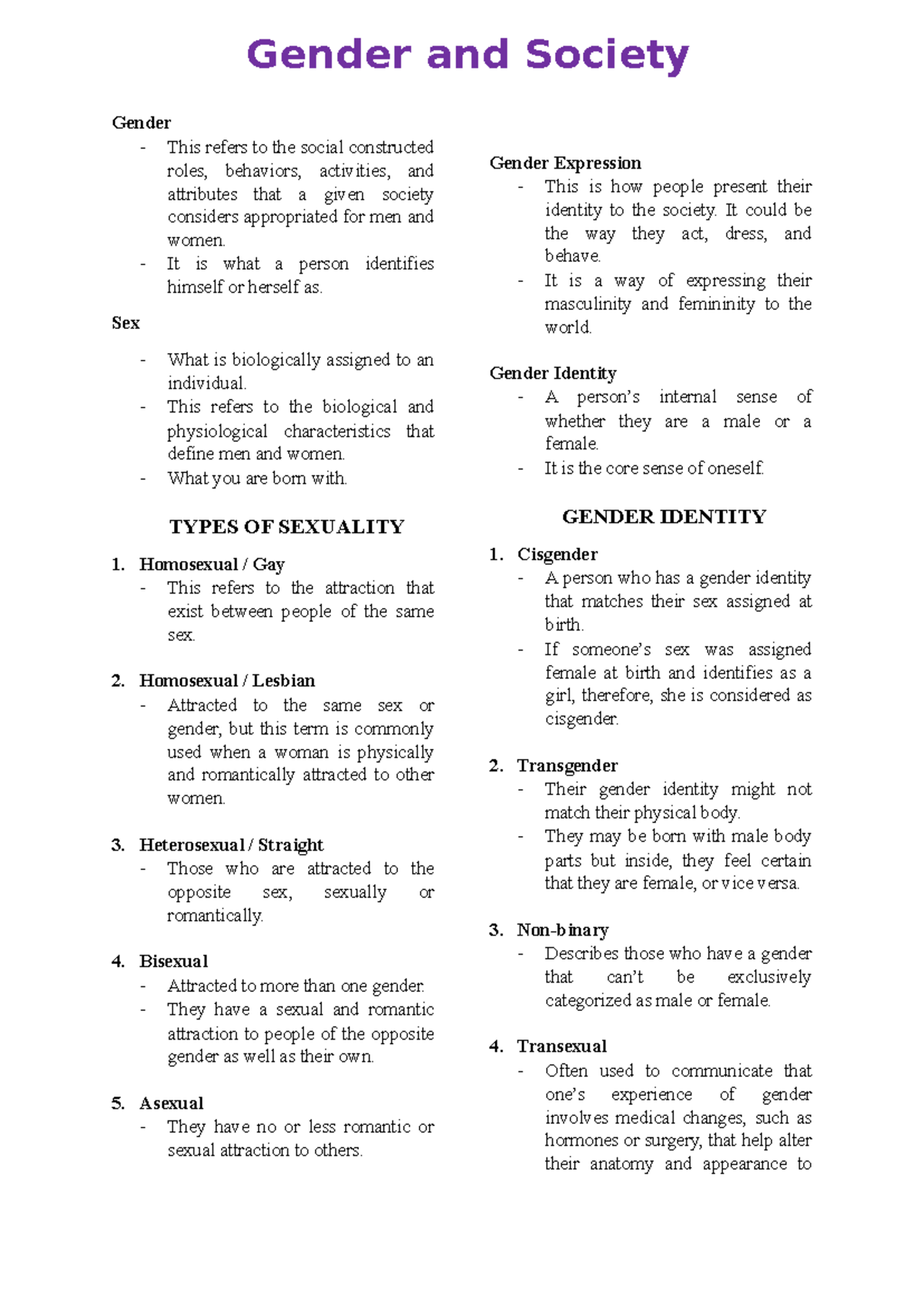 Gender - Gender - This refers to the social constructed roles ...