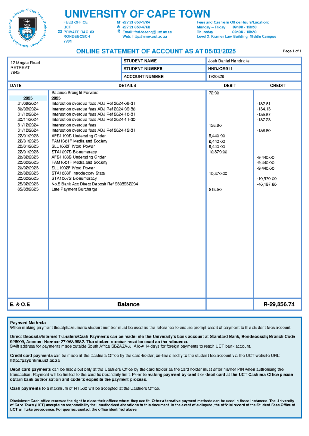 UCT Fees Statement as of 05/03/2025 - Josh Hendricks - Studocu