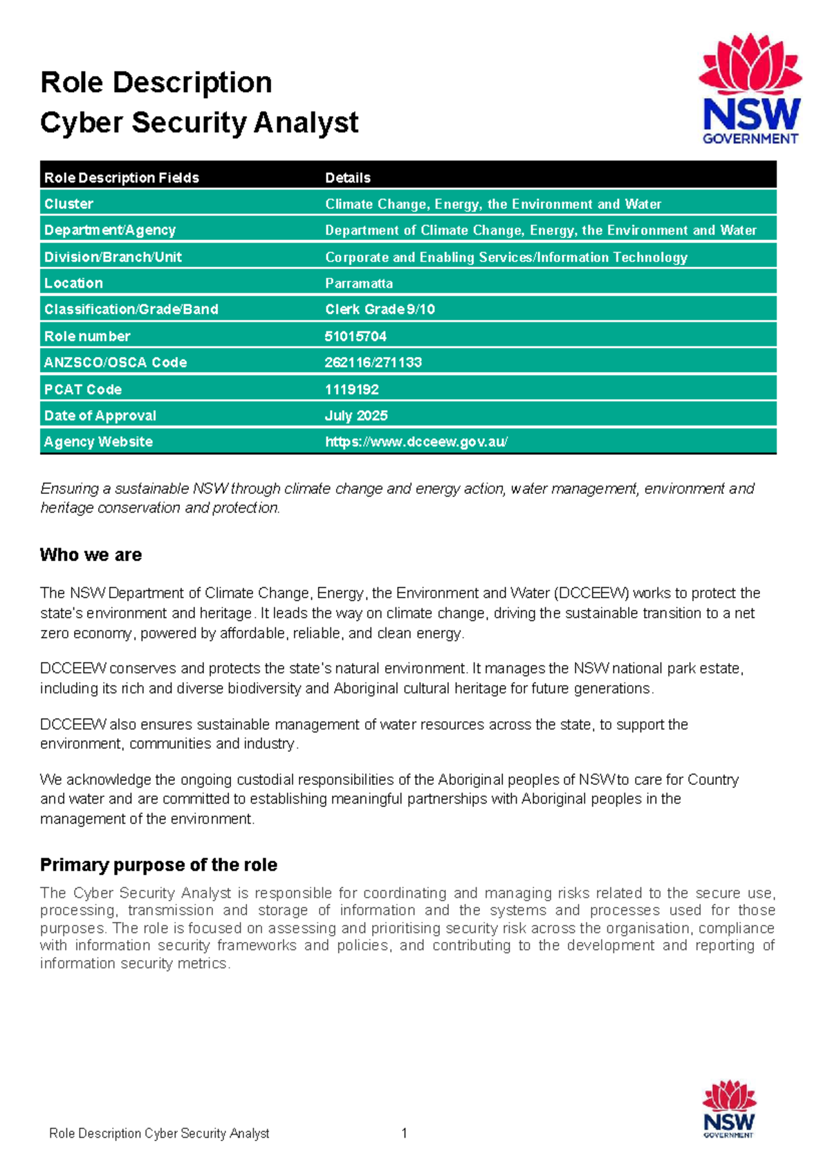 Cyber Security Analyst Role Description - CES IT Clk Gde 9-10 - Studocu