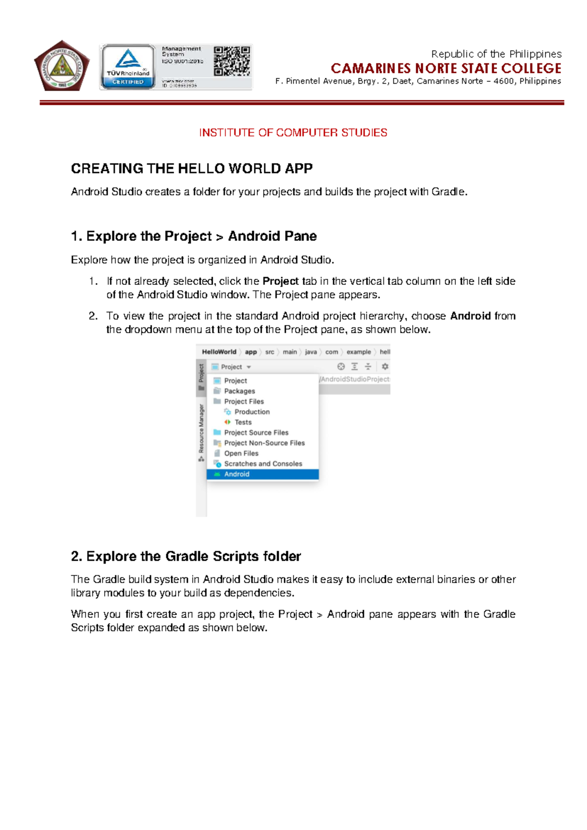 Creating the Hello World App: Android Studio Guide (ICS 101) - Studocu