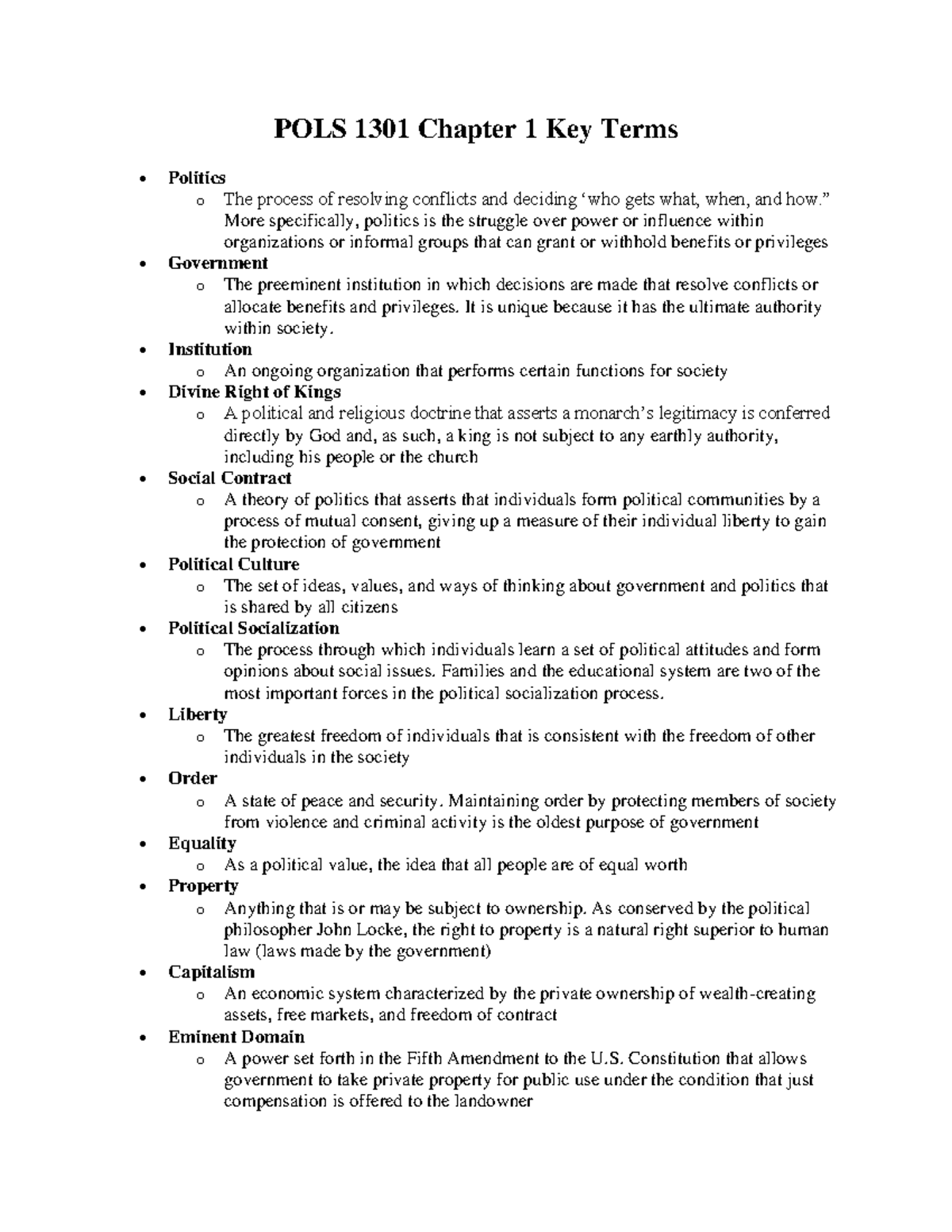 POLS 1301 Chapter 1 Essential Political Terms and Concepts - Studocu