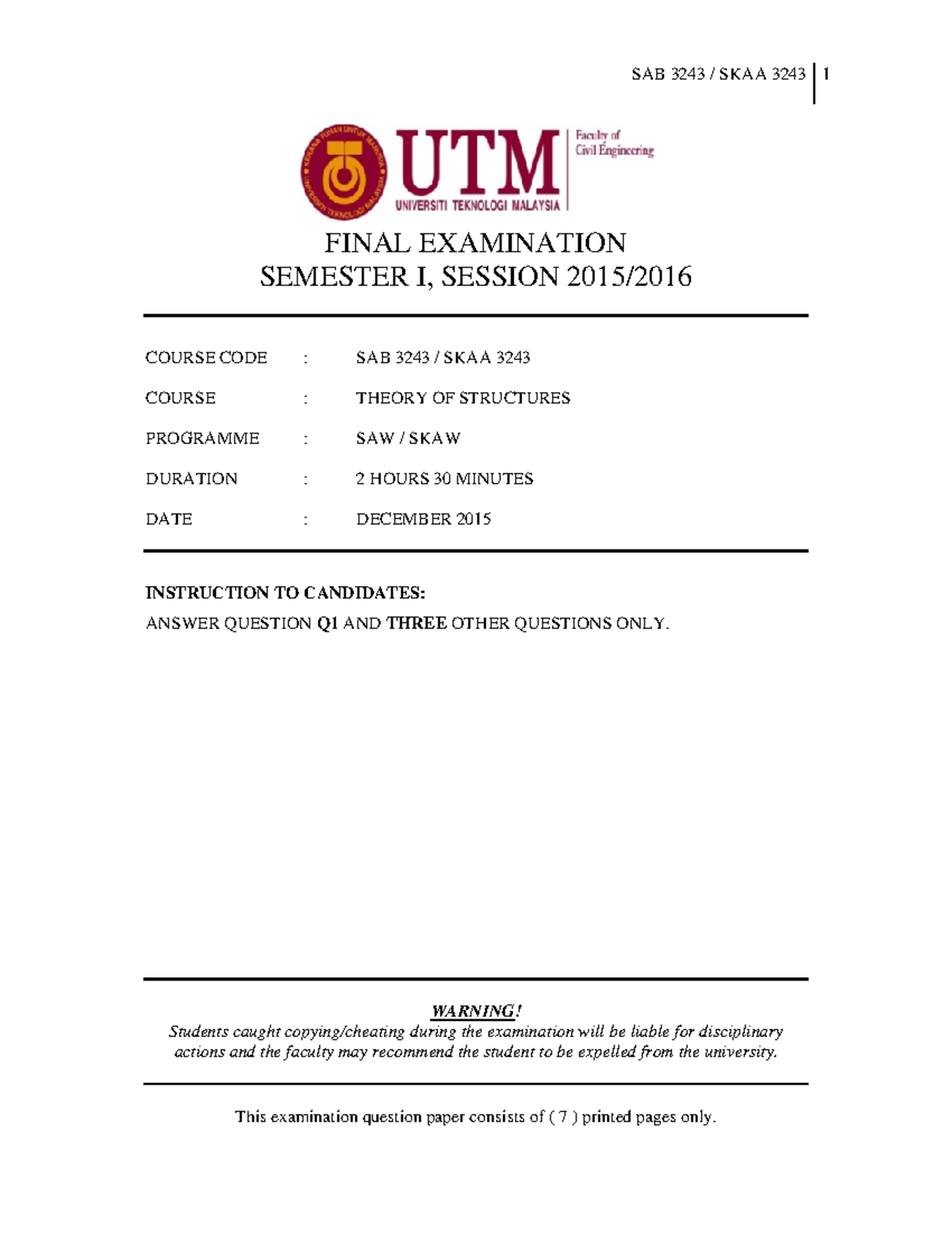 Exam January 2015, questions - FINAL EXAMINATION SEMESTER I, SESSION ...