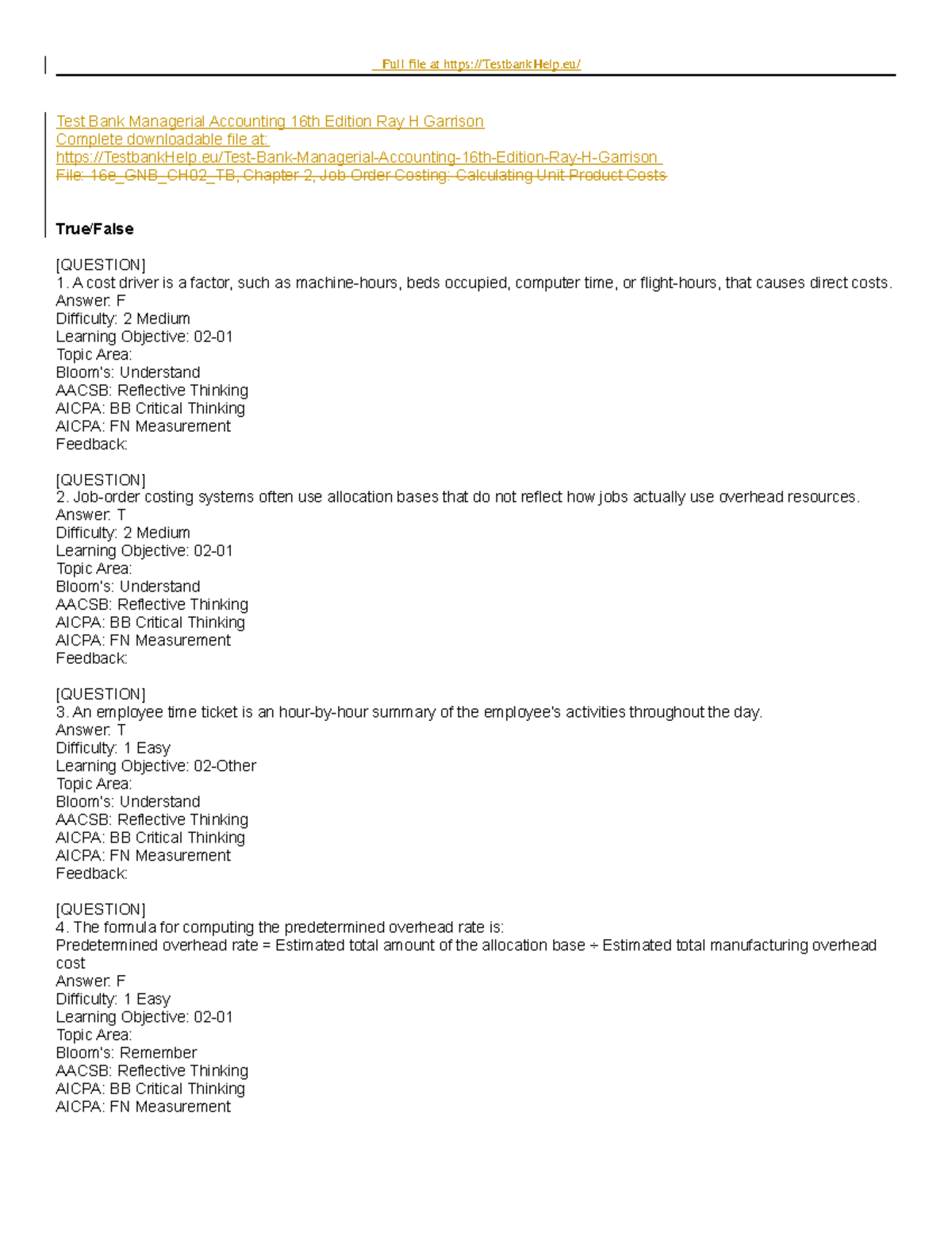 (Q3) Test Bank for Managerial Accounting 16th Ed. - Job-Order Costing ...