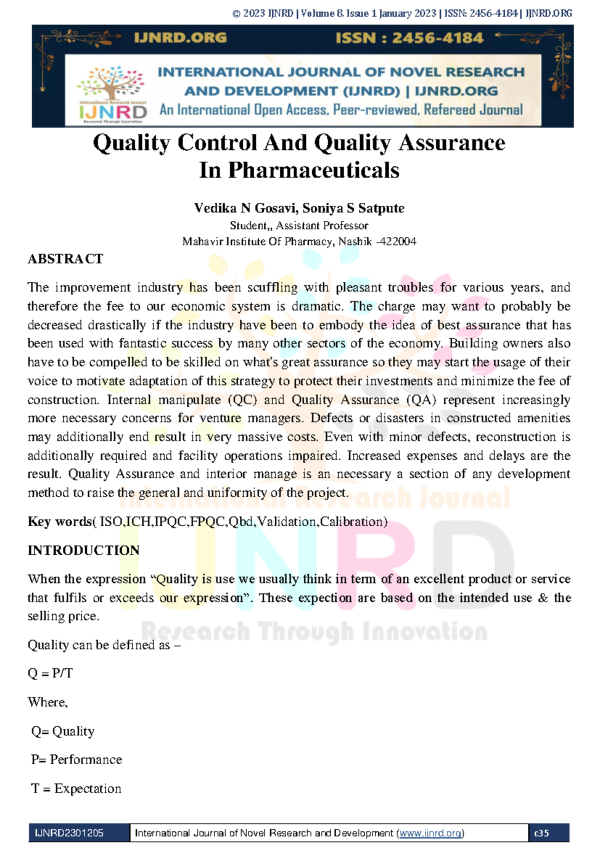Quality Control and Assurance in Pharmaceuticals: IJNRD2301205 Insights ...