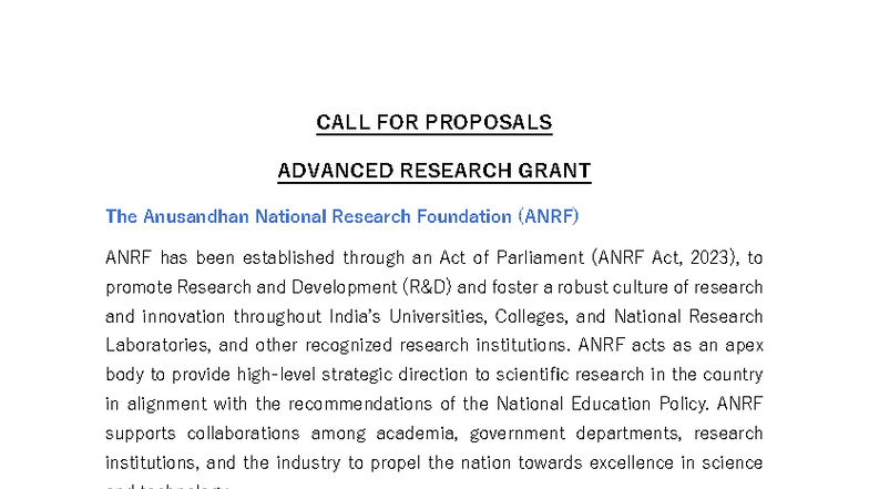 Advanced Research Grant (ARG) Call for Proposals by ANRF - Studocu