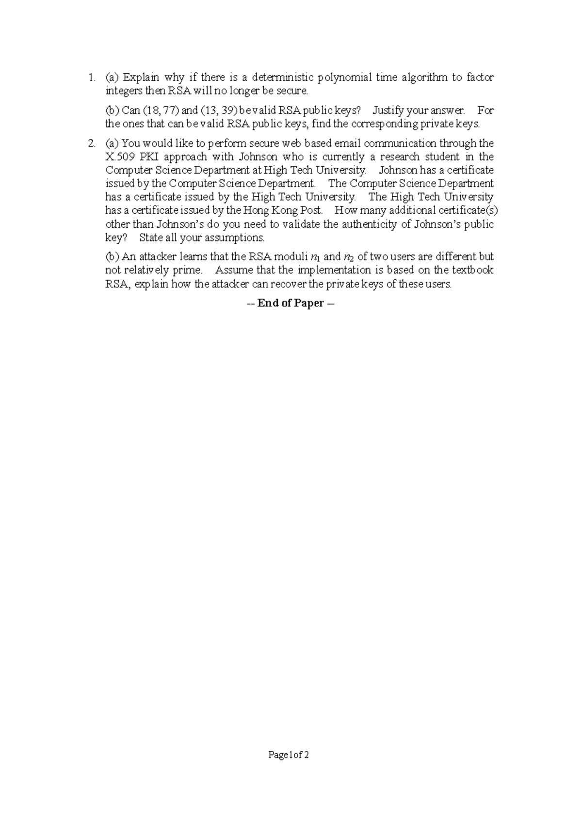 Additional Sample Midterm Questions for CS 101: RSA Security and PKI ...