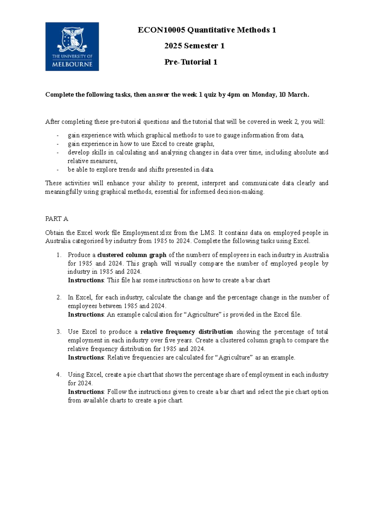 Pre Tutorial 1 - ECON10005 Quantitative Methods 1 2025 Semester 1 Pre ...