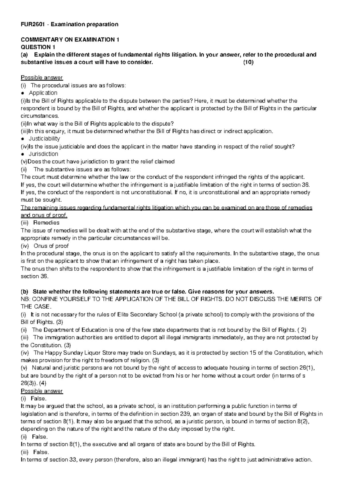 FUR2601 Exam Notes: Fundamental Rights Litigation and Bill of Rights ...