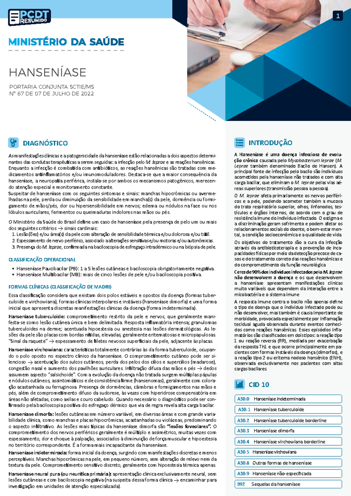 PCDT Resumido: Hanseníase - Diretrizes e Tratamento (Portaria Nº 67 ...