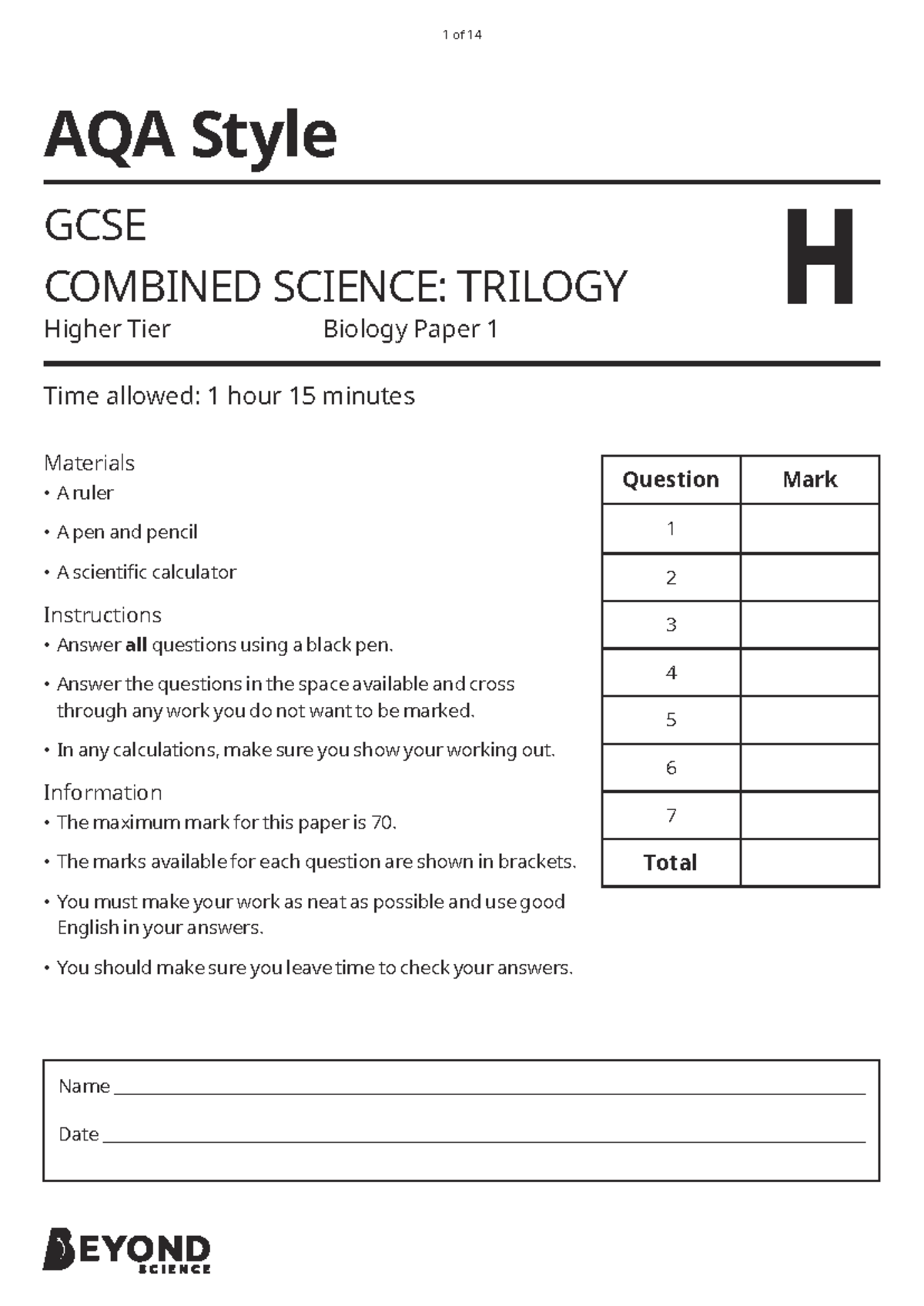 AQA GCSE Combined Science: Biology Paper 1 Higher Tier Exam Questions ...