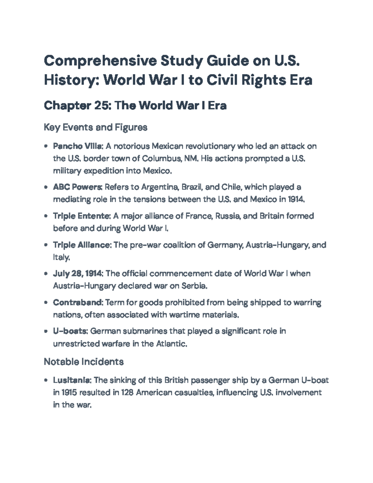 Comprehensive Study Guide on U.S. History: WWI to Civil Rights Era ...