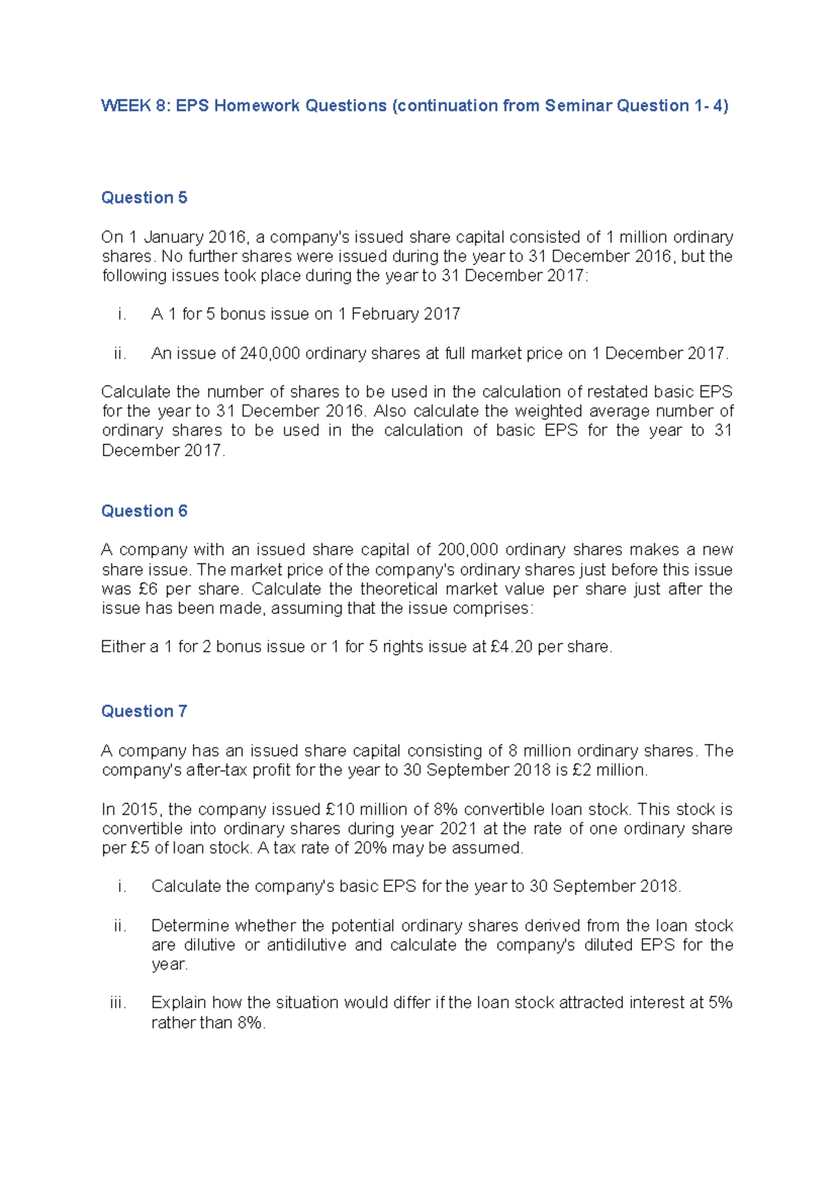 WEEK 8: EPS Homework Practice Questions and Calculations - Studocu