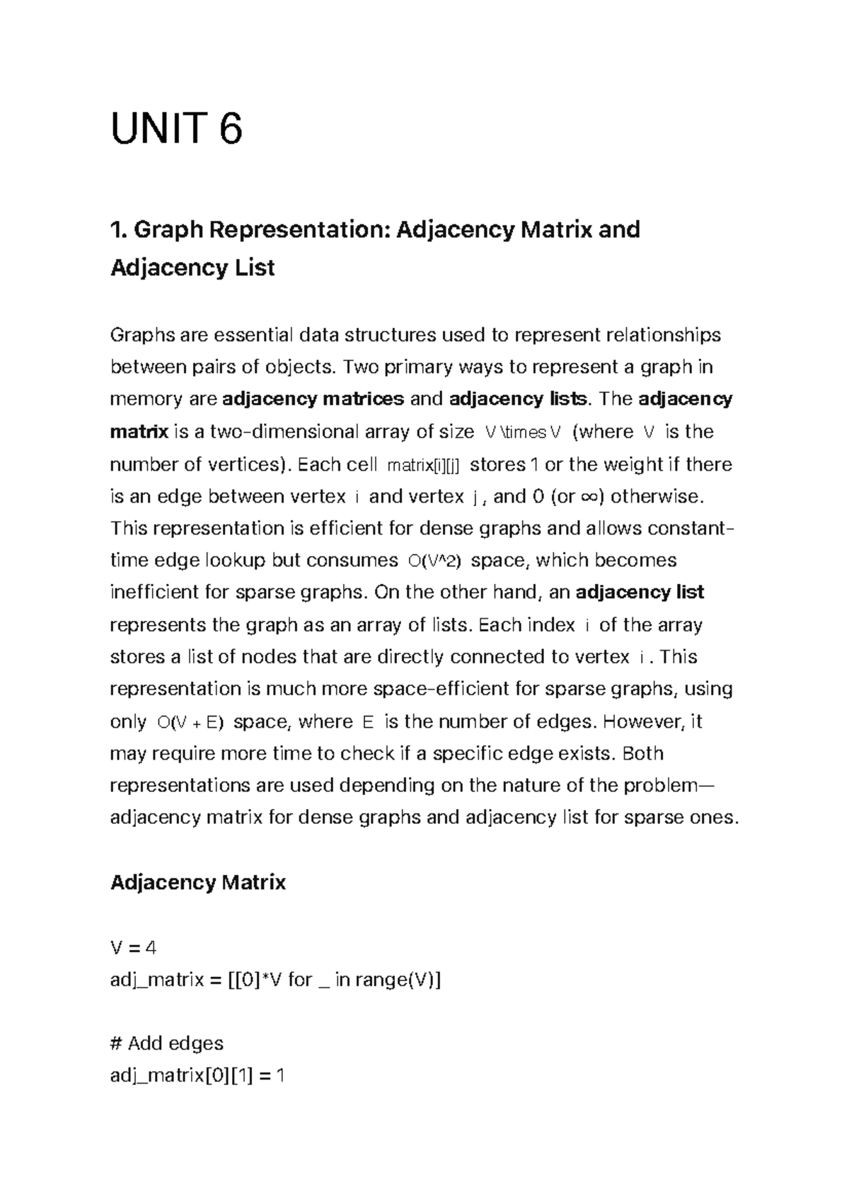 Unit 6: Graph Representation & Algorithms - Adjacency Matrix/List - Studocu