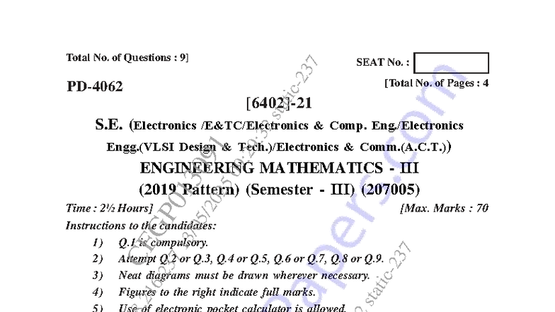 Engineering Mathematics III (M3) - Semester 3 (2019 Pattern) Exam Paper ...