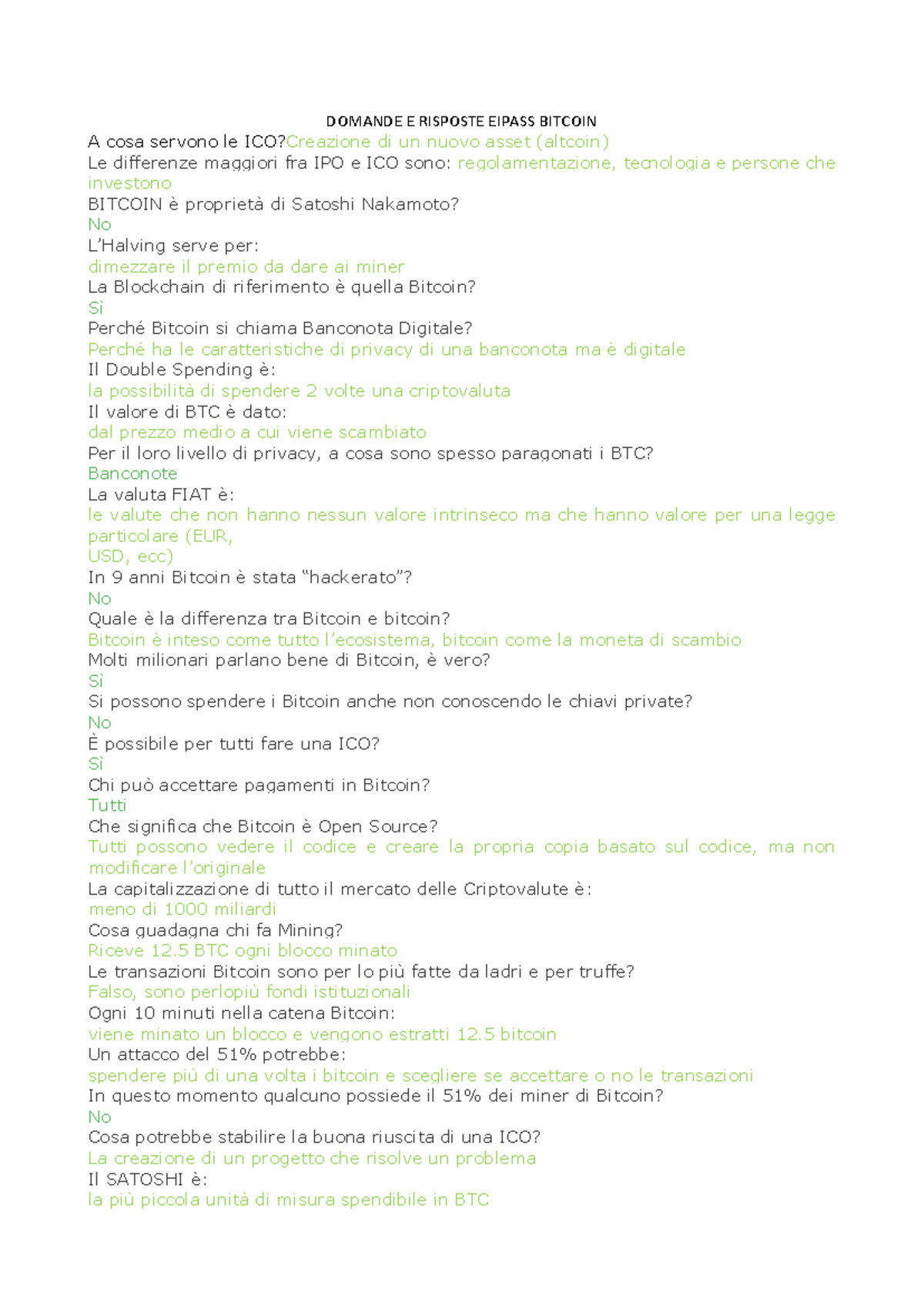 EIPASS Bitcoin: Domande e Risposte sulla Criptovaluta - Studocu