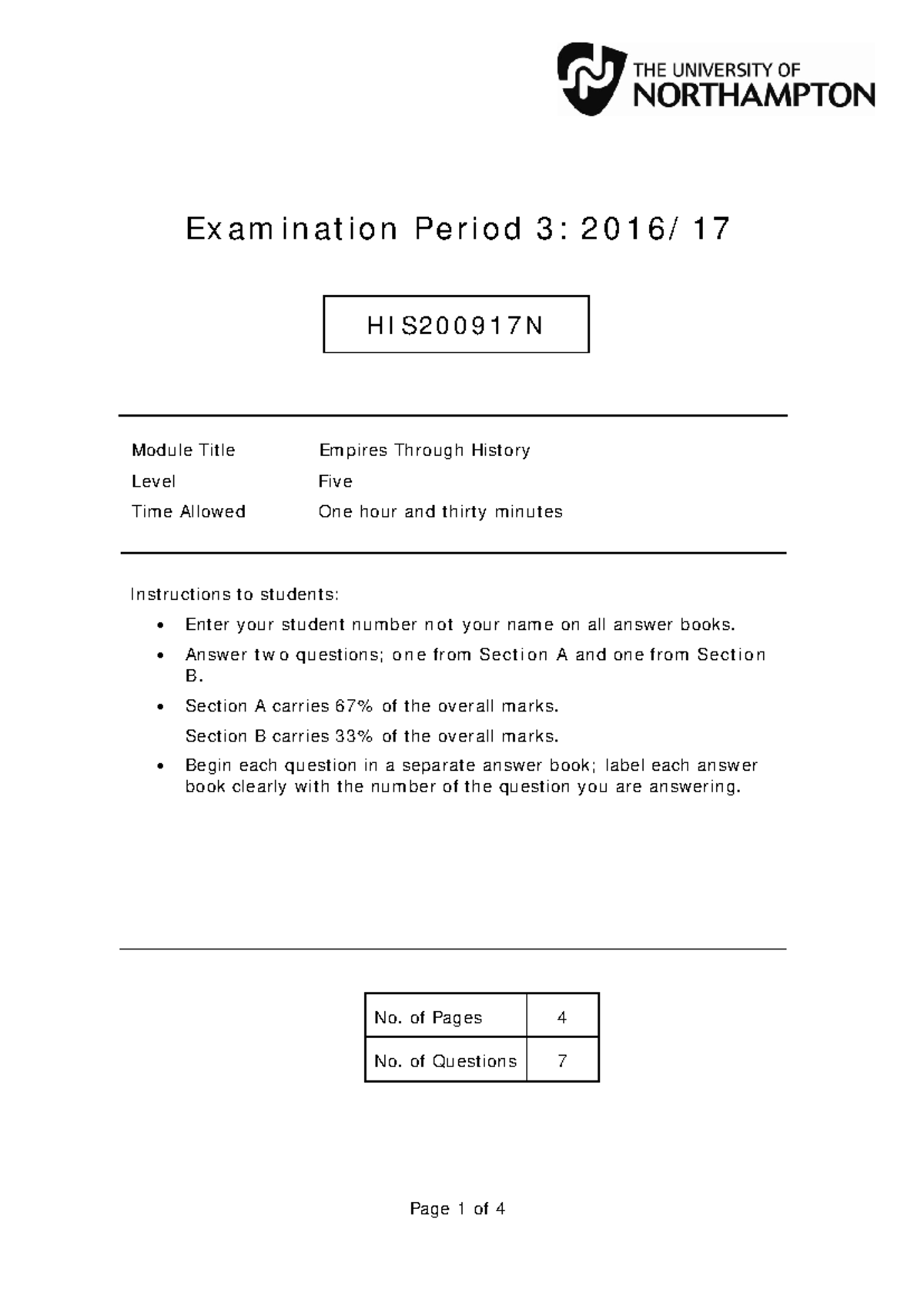 Exam 2017, questions - Examination Period 3: 2016/17 HIS200917N Module ...