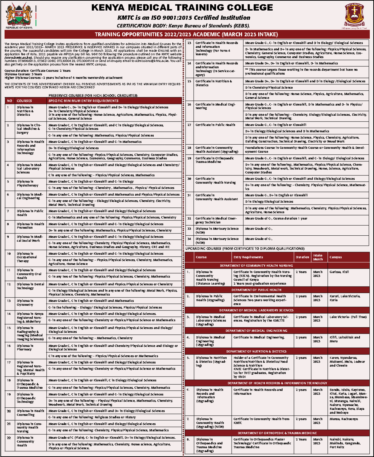 KMTC-2023: Admission Notice for Medical Courses & Intakes - Studocu