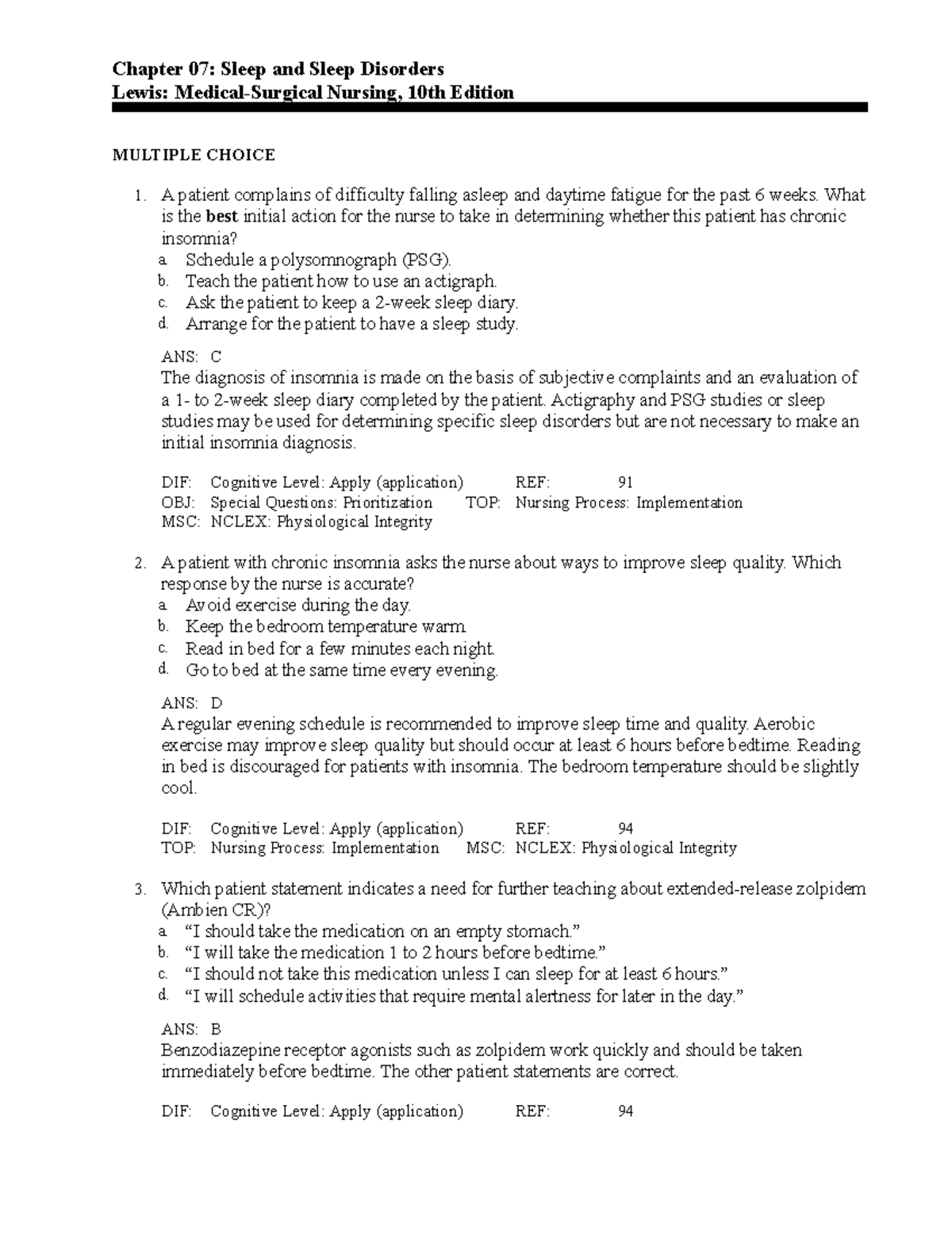 C7 - Practice Questions on Sleep Disorders and Management - Studocu