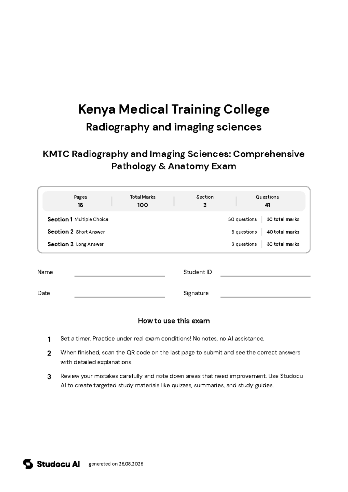 KMTC Radiography & Imaging: Comprehensive Pathology Exam - Studocu