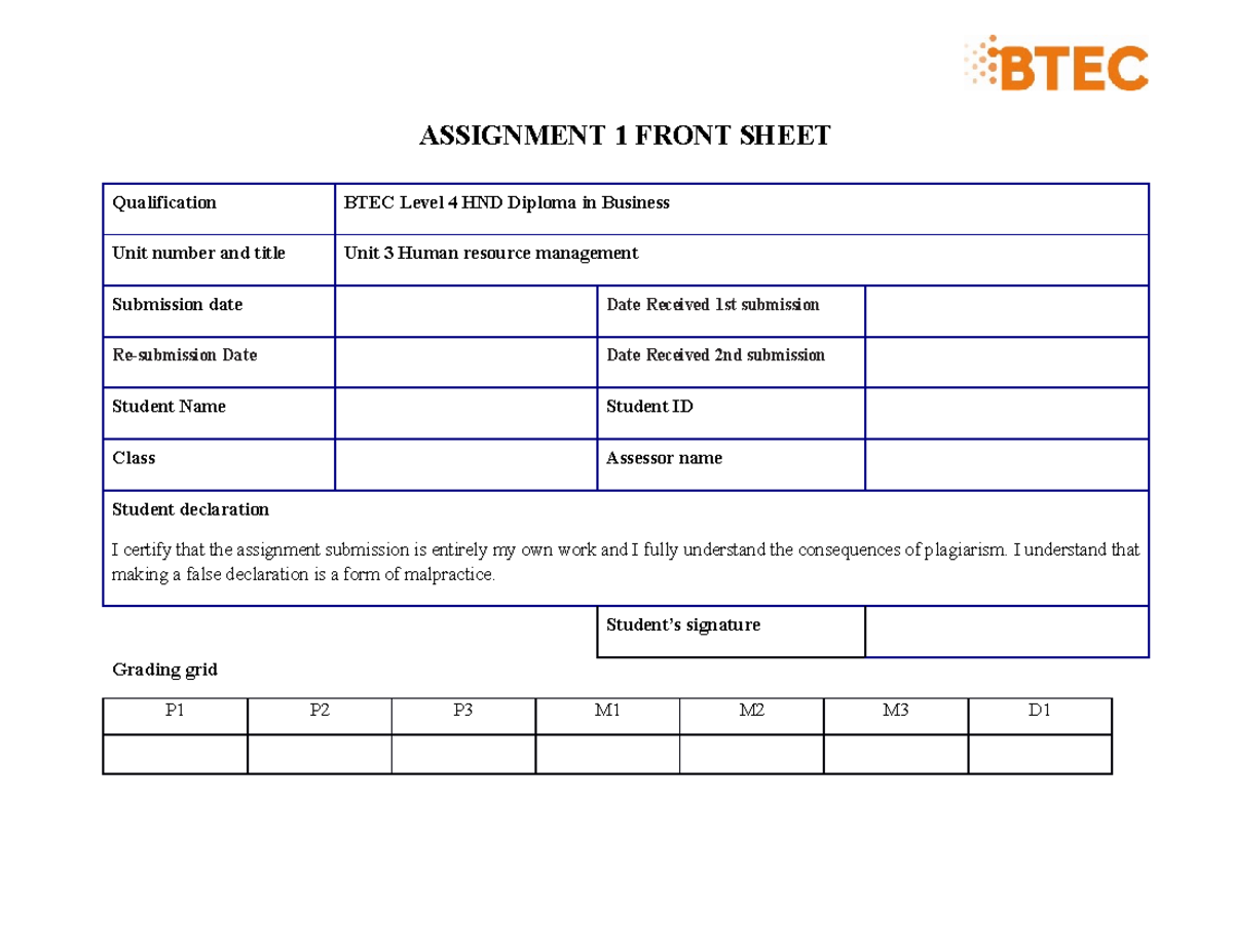 Assignment 1 frontsheet - ASSIGNMENT 1 FRONT SHEET Qualification BTEC ...