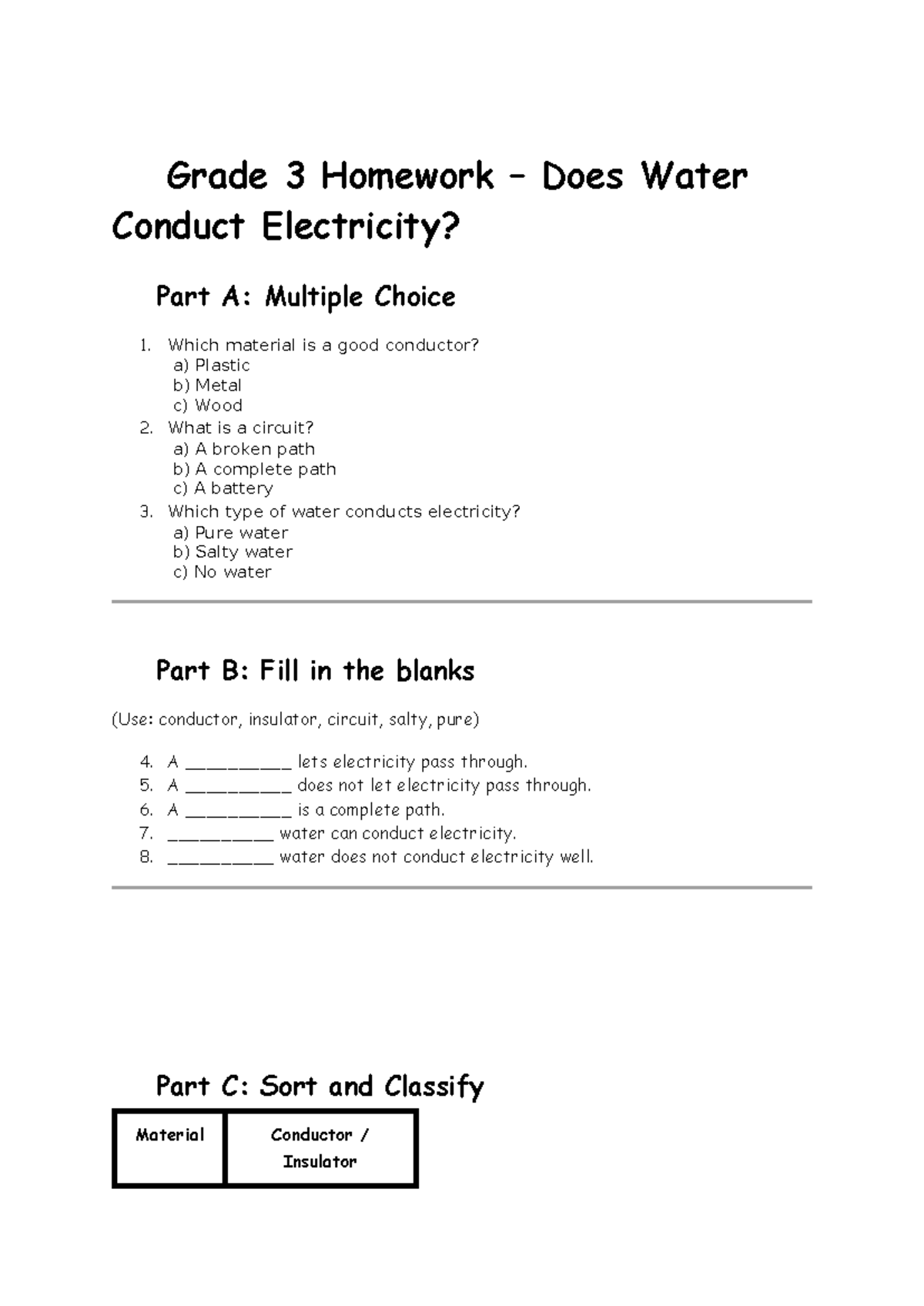 Grade 3 Science Homework: Does Water Conduct Electricity? - Studocu
