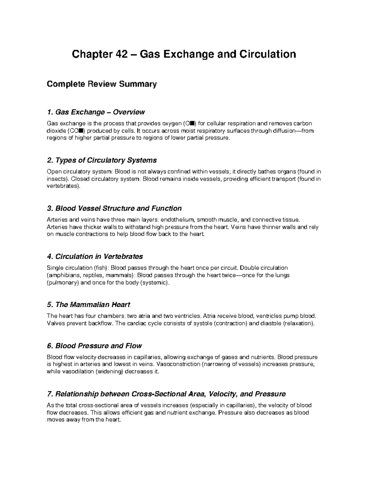 Chapter 42 Gas Exchange & Circulation Full Review Summary - Studocu