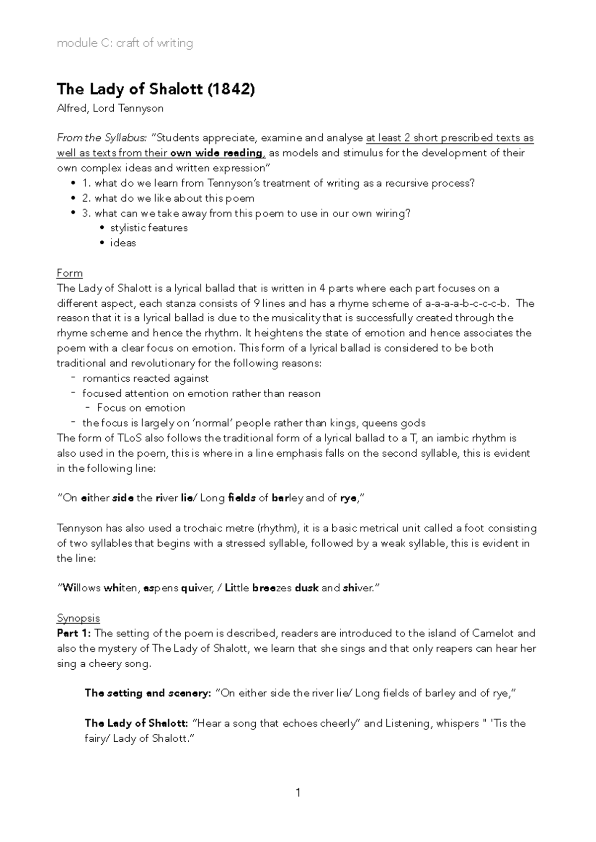 Module C Craft of Writing The Lady of Shalott Analysis