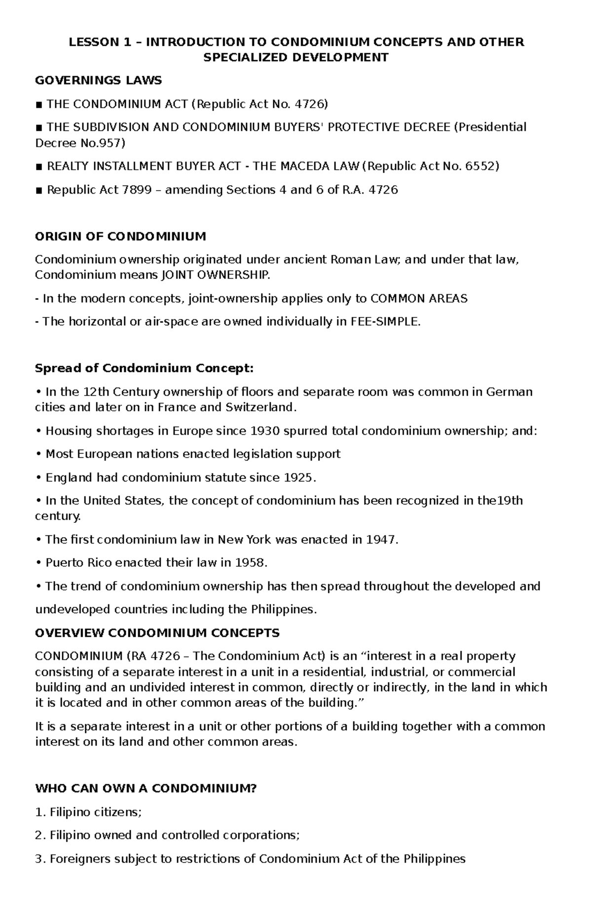 LESSON 1: INTRODUCTION TO CONDOMINIUM CONCEPTS AND GOVERNING LAWS (RA ...