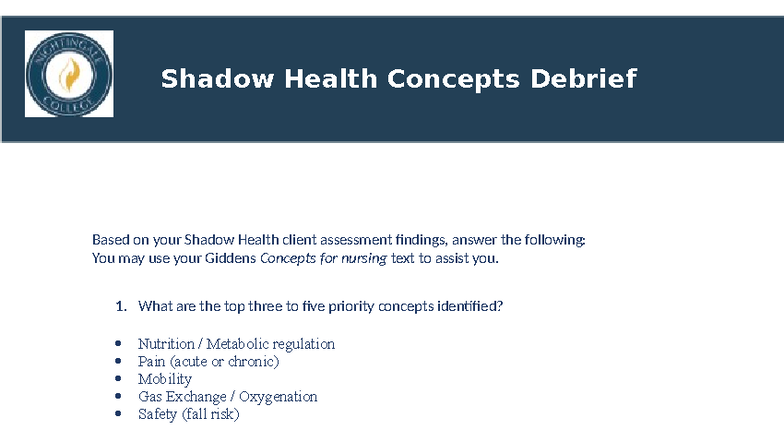 Shadow Health Concepts Debrief: Pain Assessment Insights - Studocu