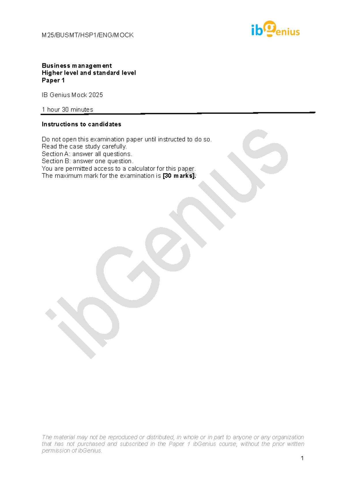 M25 IB Genius Paper 1 mock exam on business management 2025 - Studocu